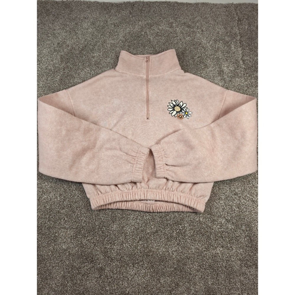 Celebrity Pink Womens Pink Daisy Embroidered Quarter Zip Cropped Fleece Pullover - Picture 2 of 14